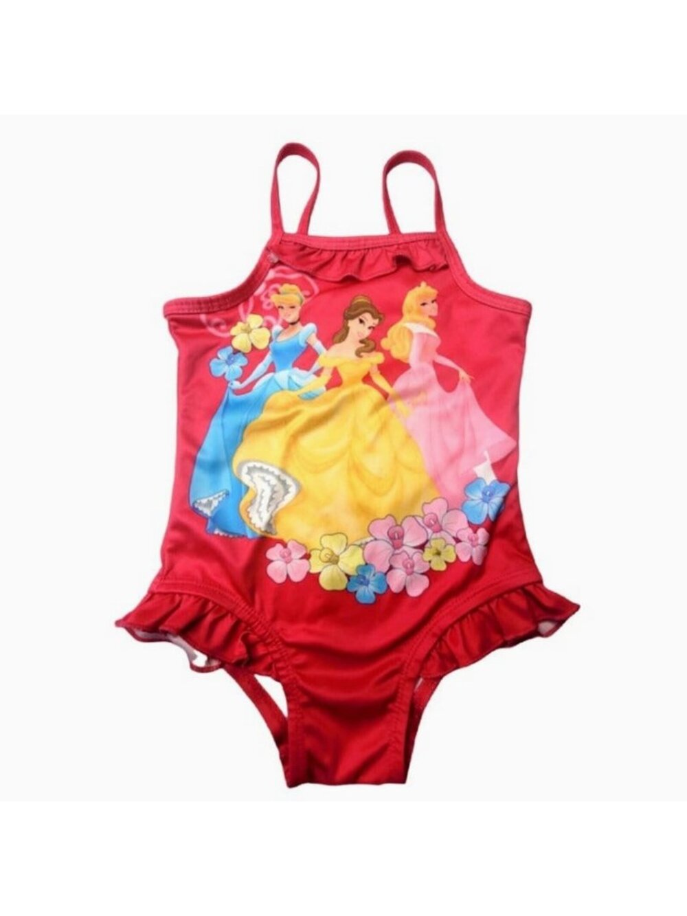 Disney Princess Girls 1-Pc Swimsuit 2T Red Princesses Graphic Ruffled Trim 2009